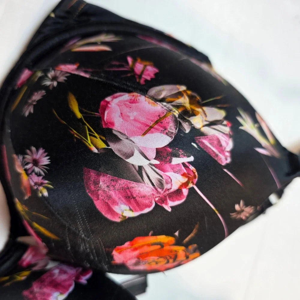 Victoria's Secret Floral Push Up Bra Black Pink Multi-Strap Back 34DDD 0611